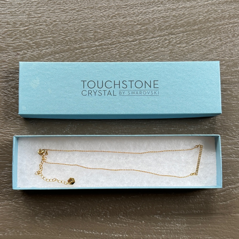 NIB Touchstone Crystal Goldtone Pavé Bar Necklace, lobster claw clasp, 15”-18”